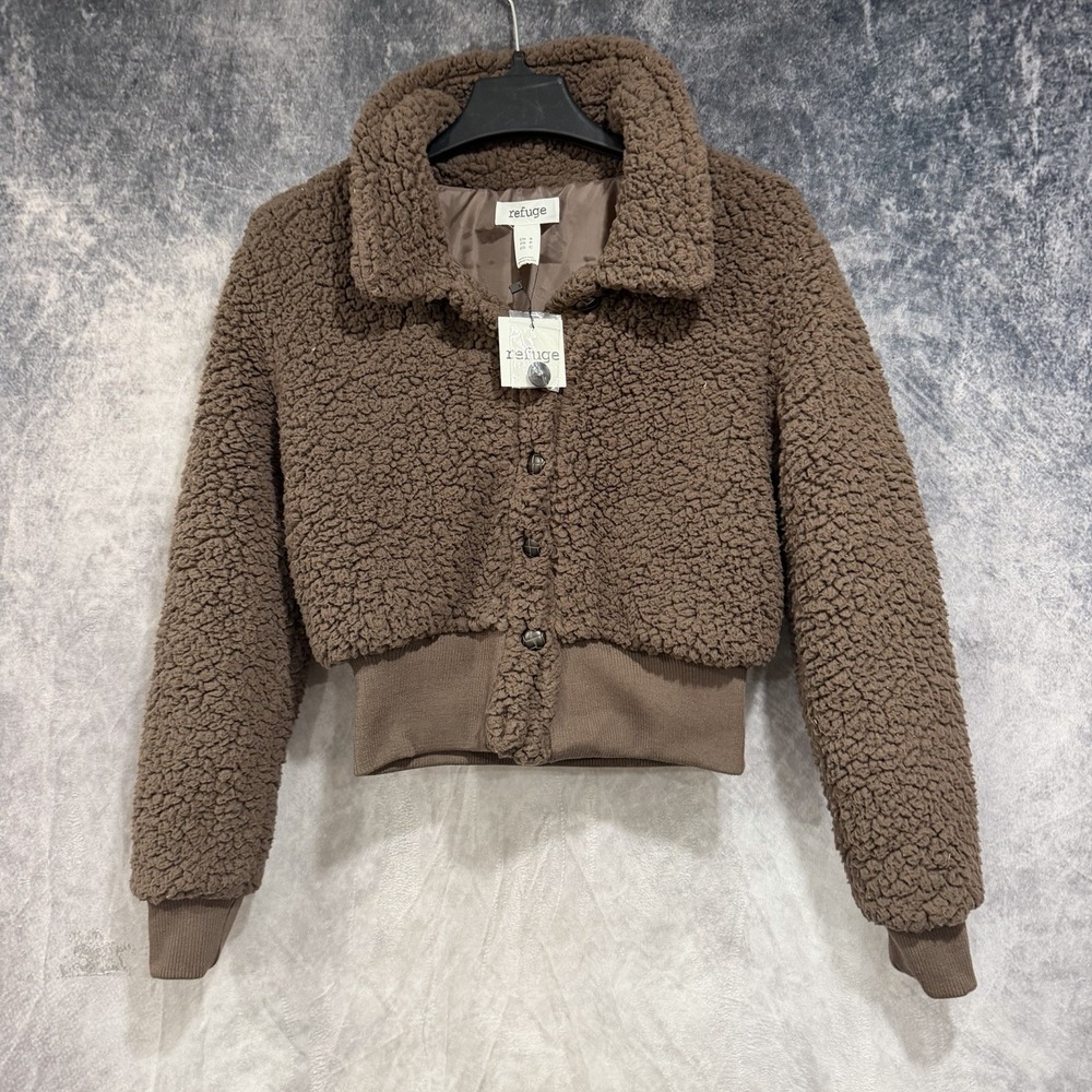 Refuge Womens Small Brown Teddy Sherpa Jacket Button Front Bomber Coat